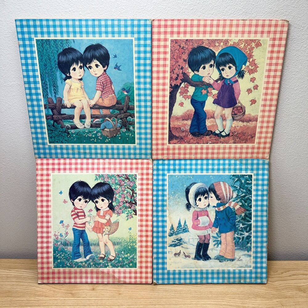 Lee Keane Big Eye Kids 60s Pressboard Art Decor Gingham Kitschy Lof of 4 Cottage